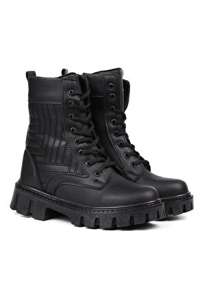 Kadın Siyah Postal Bot – Kalın Taban Fermuarlı Bağcıklı Rahat Günlük Şık ve Dayanıklı