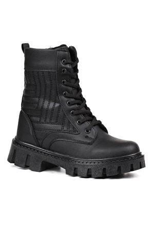 Kadın Siyah Postal Bot – Kalın Taban Fermuarlı Bağcıklı Rahat Günlük Şık ve Dayanıklı