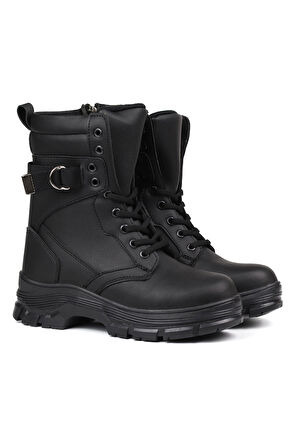 Kadın Siyah Postal Bot –  Kalın Taban Fermuarlı Bağcıklı Lastik Tokalı Rahat Günlük Şık ve Dayanıklı