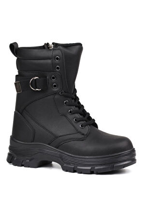 Kadın Siyah Postal Bot –  Kalın Taban Fermuarlı Bağcıklı Lastik Tokalı Rahat Günlük Şık ve Dayanıklı