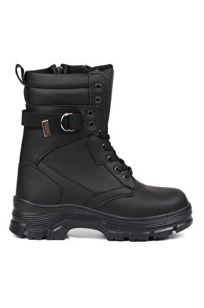 Kadın Siyah Postal Bot –  Kalın Taban Fermuarlı Bağcıklı Lastik Tokalı Rahat Günlük Şık ve Dayanıklı