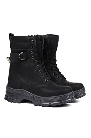 Kadın Siyah Nubuk Postal Bot – Kalın Taban Fermuarlı Bağcıklı Lastik Tokalı Rahat Günlük Şık ve Dayanıklı