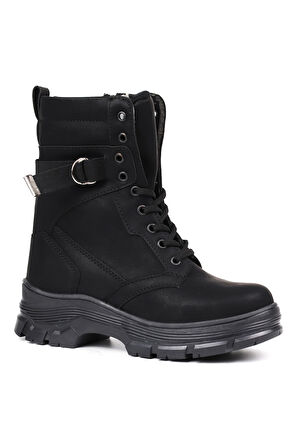 Kadın Siyah Nubuk Postal Bot – Kalın Taban Fermuarlı Bağcıklı Lastik Tokalı Rahat Günlük Şık ve Dayanıklı