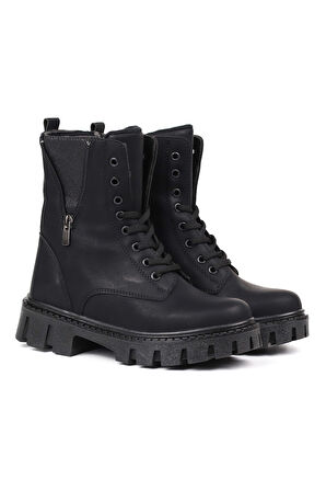 Kadın Siyah Nubuk Fermuar Detaylı Postal Bot – Kalın Taban Fermuarlı Bağcıklı Rahat Günlük Şık ve Dayanıklı