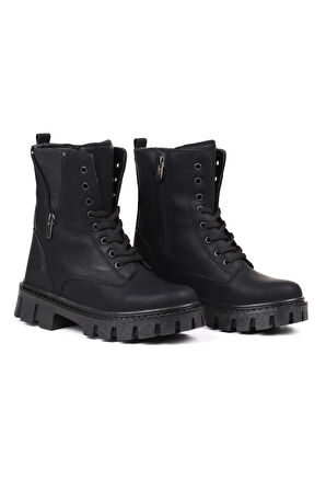 Kadın Siyah Nubuk Fermuar Detaylı Postal Bot – Kalın Taban Fermuarlı Bağcıklı Rahat Günlük Şık ve Dayanıklı