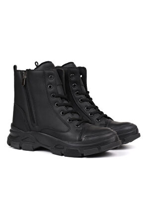 Kadın Siyah Çift Fermuarlı Postal Bot – Kalın Taban Bağcıklı Rahat Günlük Şık ve Dayanıklı