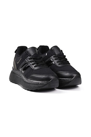 Kadın Siyah Simli Sneaker Hafif Ortopedik Günlük Spor Ayakkabı