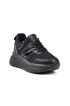 Kadın Siyah Simli Sneaker Hafif Ortopedik Günlük Spor Ayakkabı