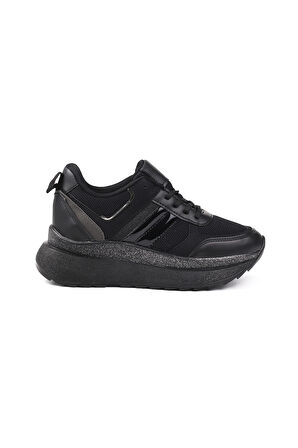 Kadın Siyah Simli Sneaker Hafif Ortopedik Günlük Spor Ayakkabı