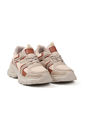 Kadın Bej Kahve Fileli Sneaker Günlük Ortopedik Spor Ayakkabı