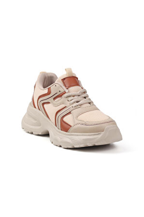 Kadın Bej Kahve Fileli Sneaker Günlük Ortopedik Spor Ayakkabı