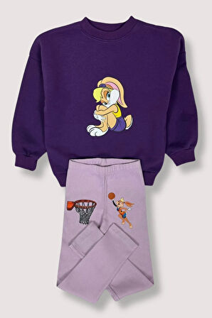 Kız Çocuk Alt Üst Takım Mor Lola Bunny Ve Bugs Bunny Karakterli - %100 Pamuk, 5 Yaş