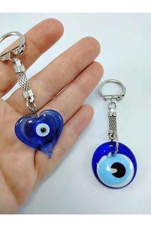 Kalp Cam Nazar Boncuğu Anahtarlık+ Sade Anahtarlık/araba Dikiz Ayna Süsü El Yapımı Hediyelik Set