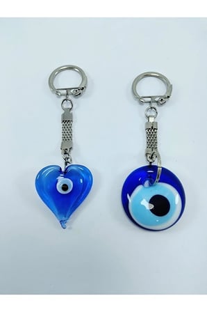 Kalp Cam Nazar Boncuğu Anahtarlık+ Sade Anahtarlık/araba Dikiz Ayna Süsü El Yapımı Hediyelik Set