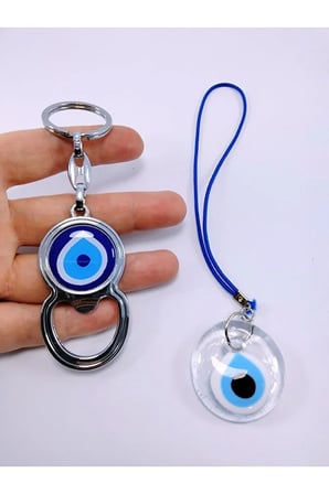 Saydam Nazar Boncuğu Araba Dikiz Ayna Süsü Şişe Açacağı Anahtarlık Set El Yapımı Cam Hediyelik