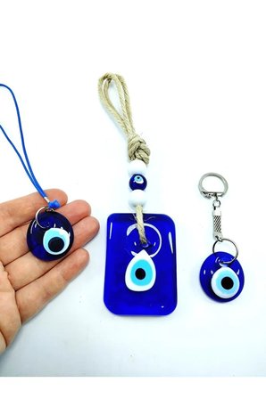 Nazar Boncuğu Dikdörtgen Duvar Dekoru Anahtarlık Araba Dikiz Ayna Süsü El Yapımı Cam Üçlü Set
