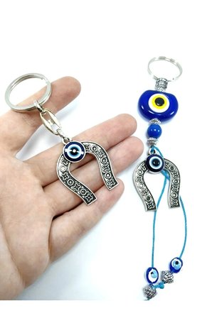 Nazar Boncuklu Metal Nal Anahtarlık + Metal Nal Araba Dikiz Ayna Süsü El Yapımı Cam Hediyelik Set