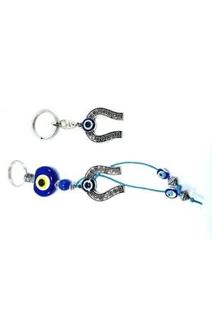 Nazar Boncuklu Metal Nal Anahtarlık + Metal Nal Araba Dikiz Ayna Süsü El Yapımı Cam Hediyelik Set