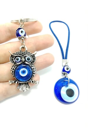 Nazar Boncuğu Baykuş Metal Anahtarlık Araba Dikiz Ayna Süsü El Yapımı Cam Dekoratif Hediyelik Set