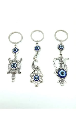Nazar Boncuğu Metal Tavus Kuşu+ Kaplumbağa+ Testi Anahtarlık/dikiz Ayna Süsü Üçlü Hediyelik Set