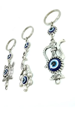 Nazar Boncuğu Metal Tavus Kuşu+ Kaplumbağa+ Testi Anahtarlık/dikiz Ayna Süsü Üçlü Hediyelik Set