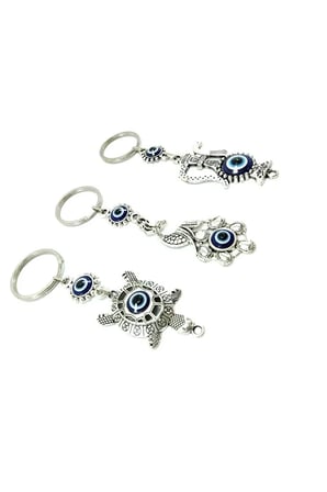 Nazar Boncuğu Metal Tavus Kuşu+ Kaplumbağa+ Testi Anahtarlık/dikiz Ayna Süsü Üçlü Hediyelik Set