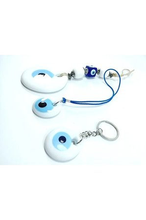Beyaz Nazar Boncuğu Duvar Dekoru 7 Cm +anahtarlık+araba Dikiz Ayna Süsü Cam El Yapımı Hediyelik Set