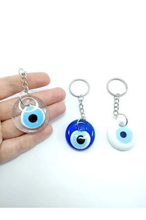 Nazar Boncuğu Anahtarlık/dikiz Ayna Süsü Saydam Lacivert Beyaz Üçlü El Yapımı Cam Hediyelik Set