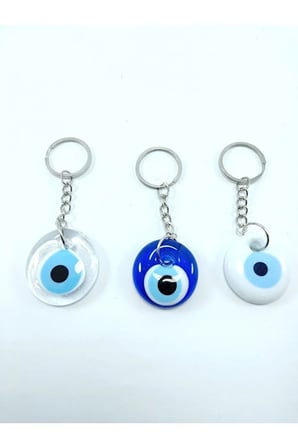 Nazar Boncuğu Anahtarlık/dikiz Ayna Süsü Saydam Lacivert Beyaz Üçlü El Yapımı Cam Hediyelik Set