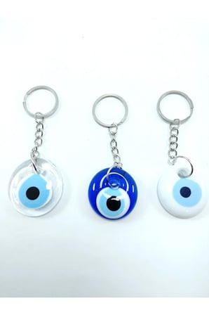 Nazar Boncuğu Anahtarlık/dikiz Ayna Süsü Saydam Lacivert Beyaz Üçlü El Yapımı Cam Hediyelik Set