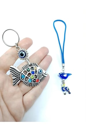 Nazar Boncuğu Balıklı Anahtarlık + Kuş Araba Dikiz Ayna Süsü Cam El Yapımı Dekoratif Hediyelik Set