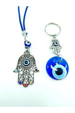 Metal Fatıma Eli/hamse Nazar Boncuğu Taşlı Araba Dikiz Ayna Süsü Cam Anahtarlık Hediyelik Set