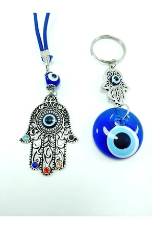 Metal Fatıma Eli/hamse Nazar Boncuğu Taşlı Araba Dikiz Ayna Süsü Cam Anahtarlık Hediyelik Set