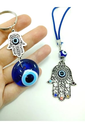 Metal Fatıma Eli/hamse Nazar Boncuğu Taşlı Araba Dikiz Ayna Süsü Cam Anahtarlık Hediyelik Set