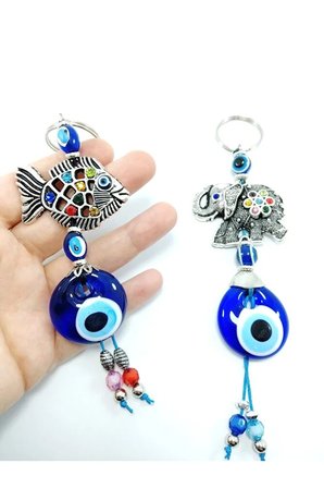 Nazar Boncuğu Anahtarlık / Araba Dikiz Ayna Süsü Metal Balık Ve Fil Ikili Hediyelik Set