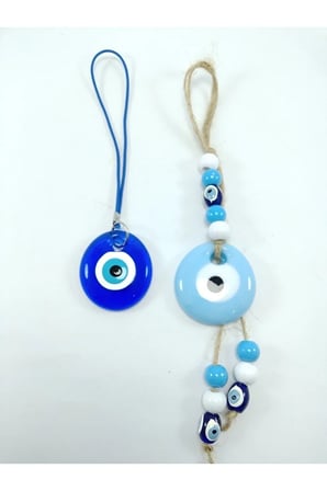 Mavi Nazar Boncuğu Duvar Dekoru 5 cm +Araba Dikiz Ayna Süsü El Yapımı Cam İkili Hediyelik Set
