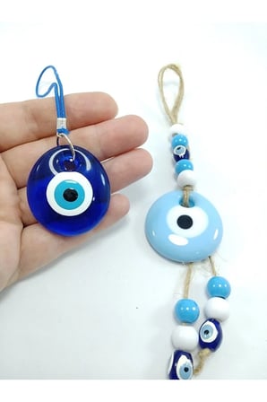 Mavi Nazar Boncuğu Duvar Dekoru 5 cm +Araba Dikiz Ayna Süsü El Yapımı Cam İkili Hediyelik Set