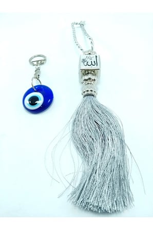 Allah-muhammed Lafızlı Gri Araba Dikiz Ayna Süsü Nazar Boncuğu Anahtarlık Hediyelik Ikili Set