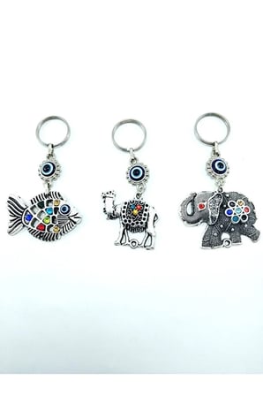 Nazar Boncuğu Metal Balık + Deve + Fil Anahtarlık/dikiz Ayna Süsü Seti Üçlü Hediyelik Eşya
