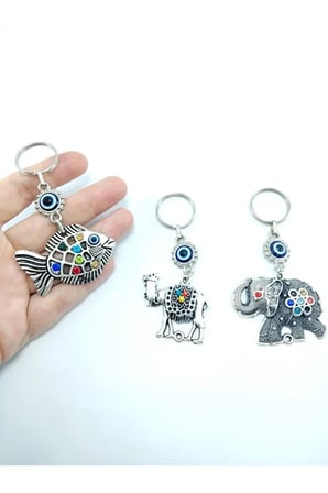 Nazar Boncuğu Metal Balık + Deve + Fil Anahtarlık/dikiz Ayna Süsü Seti Üçlü Hediyelik Eşya