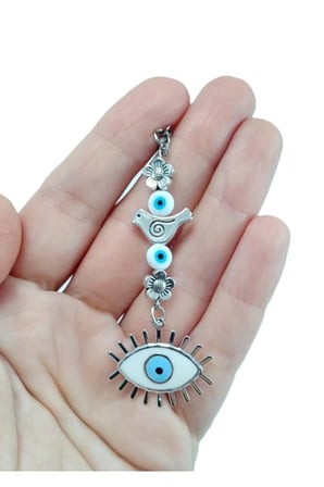 Beyaz Cam Nazar Boncuğu Metal Kuş Araba Dikiz Ayna Süsü El Yapımı Lüks Hediyelik Aksesuar