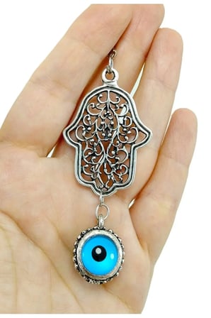 Çift Taraflı Nazar Boncuklu Fatma Ana Eli Dikiz Ayna Süsü Eskitme Metal Hamse Yeni Araba Hediyesi