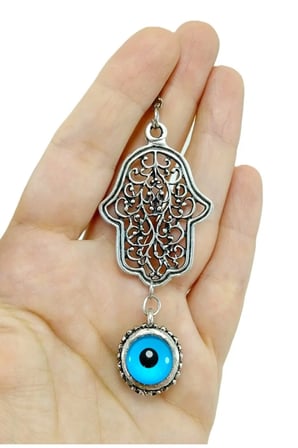 Çift Taraflı Nazar Boncuklu Fatma Ana Eli Dikiz Ayna Süsü Eskitme Metal Hamse Yeni Araba Hediyesi