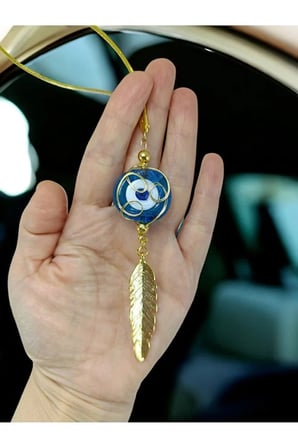 Turkuaz Danagözü Nazar Boncuğu Araba Dikiz Ayna Süsü, Metal Yaprak Tel Örgülü Yeni Araba Hediyesi
