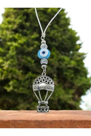 Metal Kapadokya Uçan Balon Araba Dikiz Ayna Süsü, Turkuaz Nazar Boncuğu Yeni Araba Hediyesi