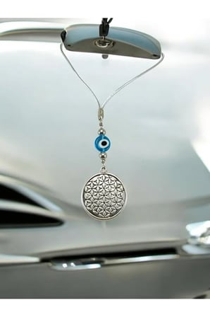 Metal Yaşam Çiçeği Araba Dikiz Ayna Süsü, El Yapımı Cam Turkuaz Nazar Boncuğu Yeni Araba Hediyesi