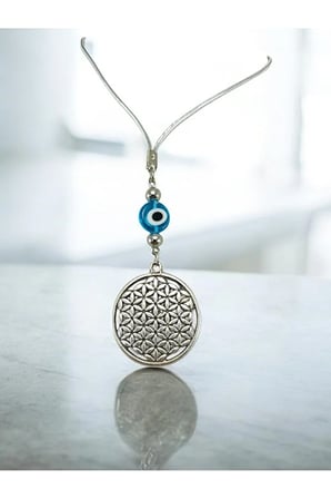 Metal Yaşam Çiçeği Araba Dikiz Ayna Süsü, El Yapımı Cam Turkuaz Nazar Boncuğu Yeni Araba Hediyesi