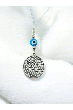 Metal Yaşam Çiçeği Araba Dikiz Ayna Süsü, El Yapımı Cam Turkuaz Nazar Boncuğu Yeni Araba Hediyesi