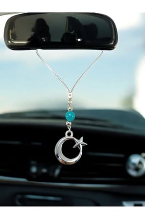 Metal Hilal Ay Yıldız Araba Dikiz Ayna Süsü, Turkuaz Doğal Taş Yeni Araba Hediyesi