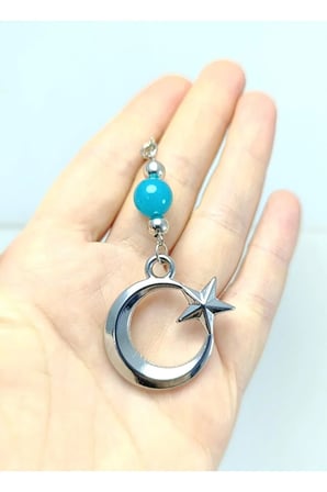 Metal Hilal Ay Yıldız Araba Dikiz Ayna Süsü, Turkuaz Doğal Taş Yeni Araba Hediyesi